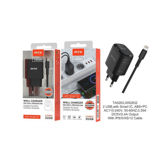 CARREGADOR ADAPTADOR RÁPIDO MTK TA0283 NE COM CABO IP 5-12 E CHIP DE RECONHECIMENTO INTELIGENTE 2 PORTAS USB 2.4A MÁX. PRETO